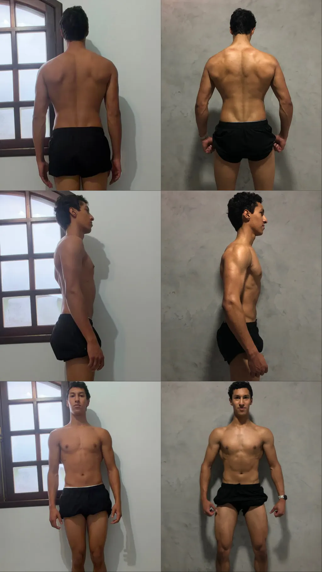 Leandro em seis fotos, de costas, de perfil e de frente, antes e depois de dois meses de acompanhamento